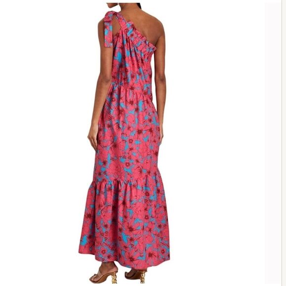 XIRENA 100% Cotton Poplin Pink Blue Floral One Shoulder Tiered Maxi Dress M - Picture 2 of 8